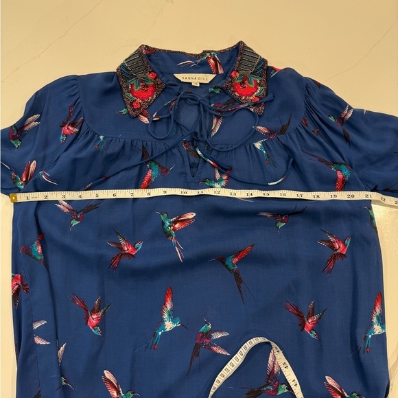 Anthropologie Ranna Gill Audubon Embroidered collared Blouse sequins hummingbird - Picture 11 of 13